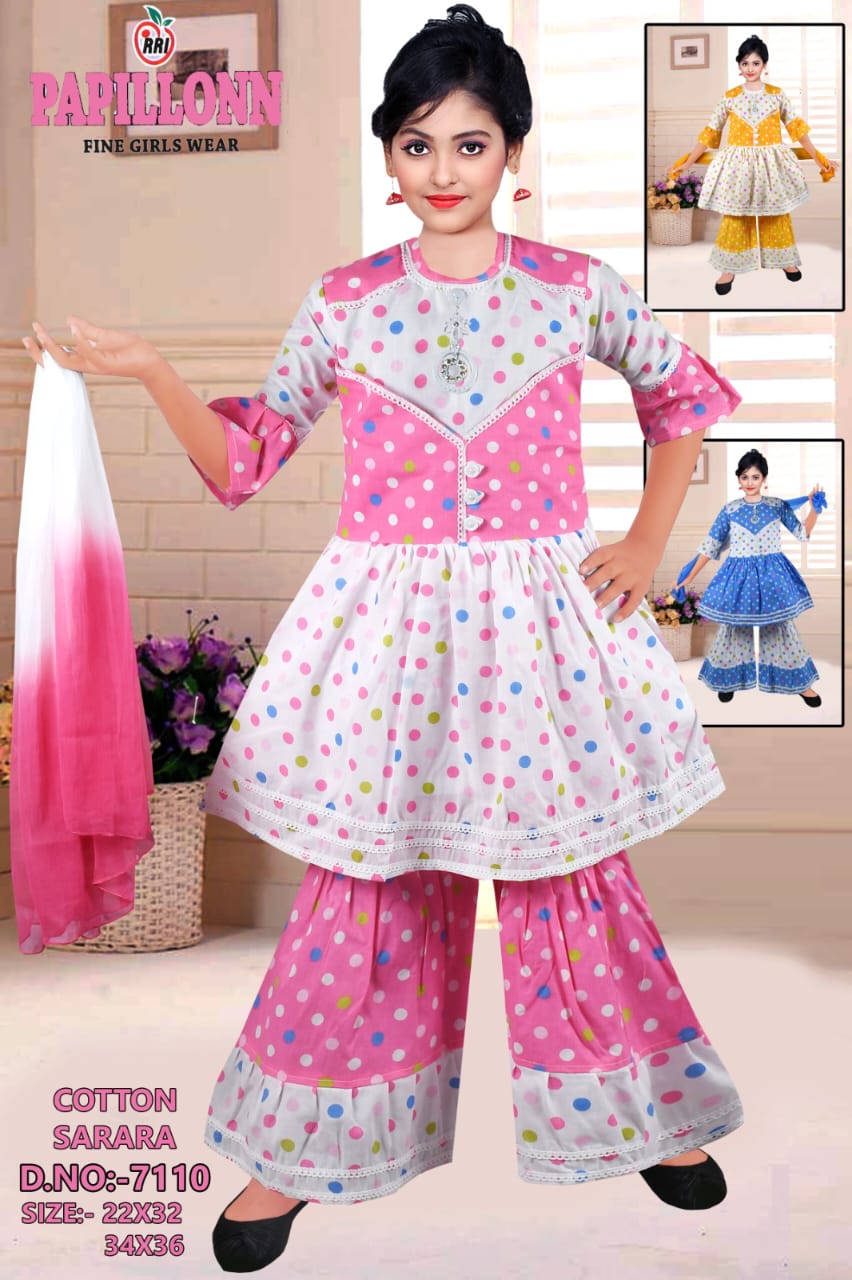 Girls Polka Dot Printed Kurta, Sarara & Dupatta set of 6 pieces