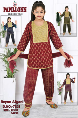 Regal Charm Rayon Afghani Suit Set for Girls Kurti & Afghani Pant with Dupatta set of 6 pieces