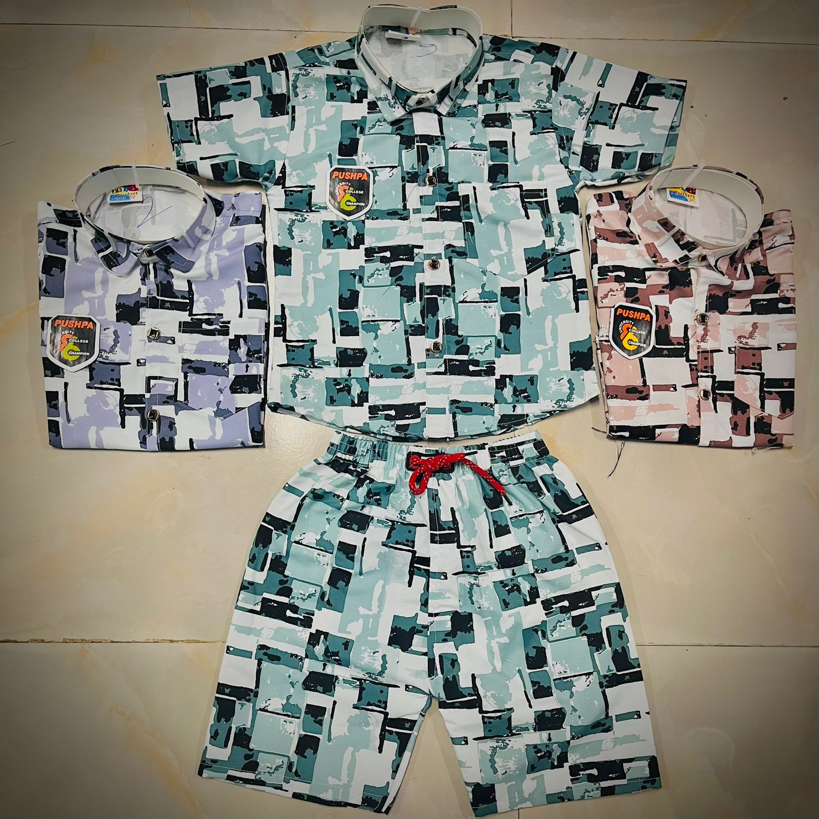 Short Sleeve Printed Shirt & Matching Shorts SET OF 6 PIECES[3 COLOR]