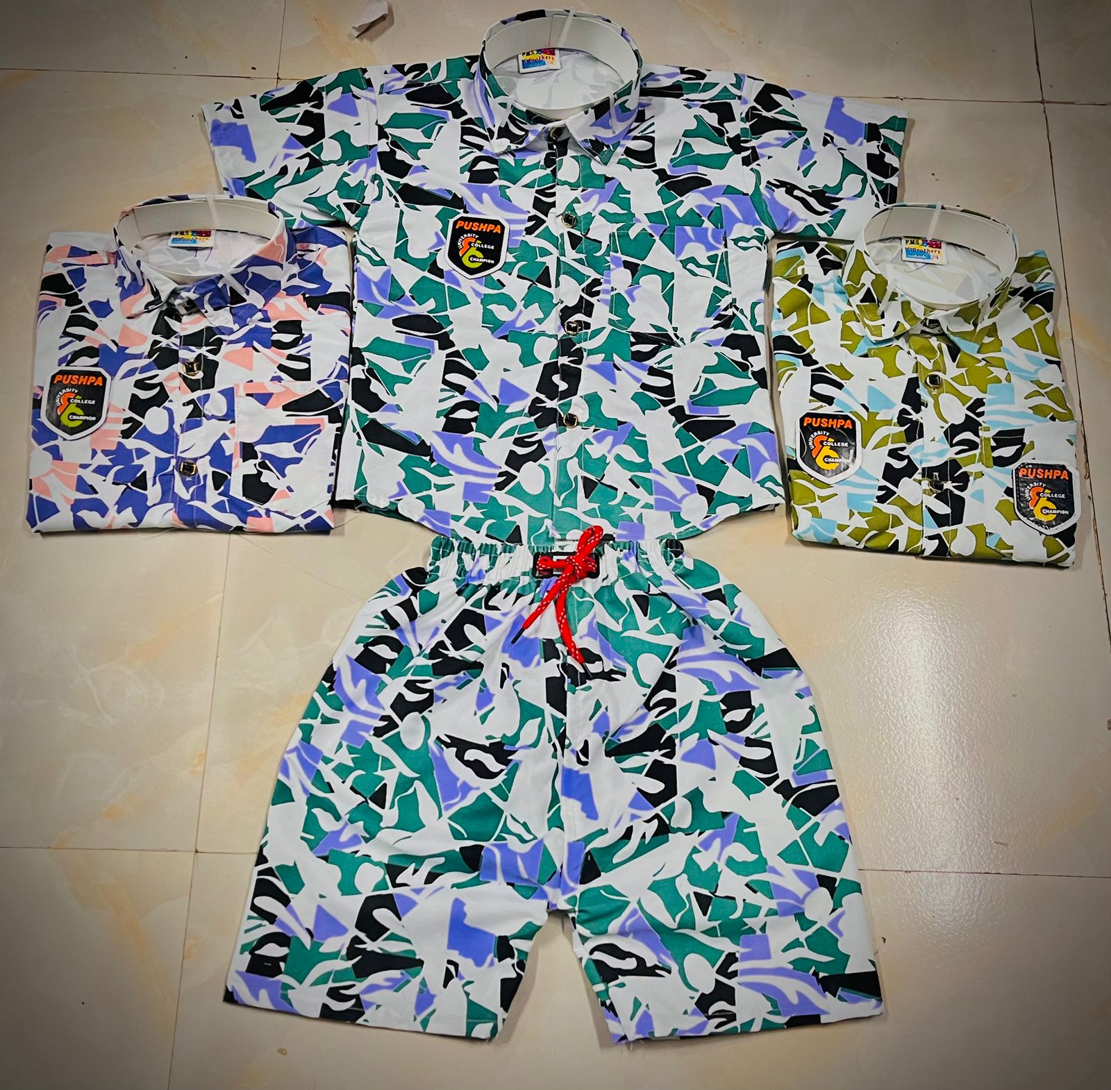 Camouflage Printed Summer Shirt & Shorts Set – Multicolor Stylish Half-Sleeve Outfit Set of 6 pieces
