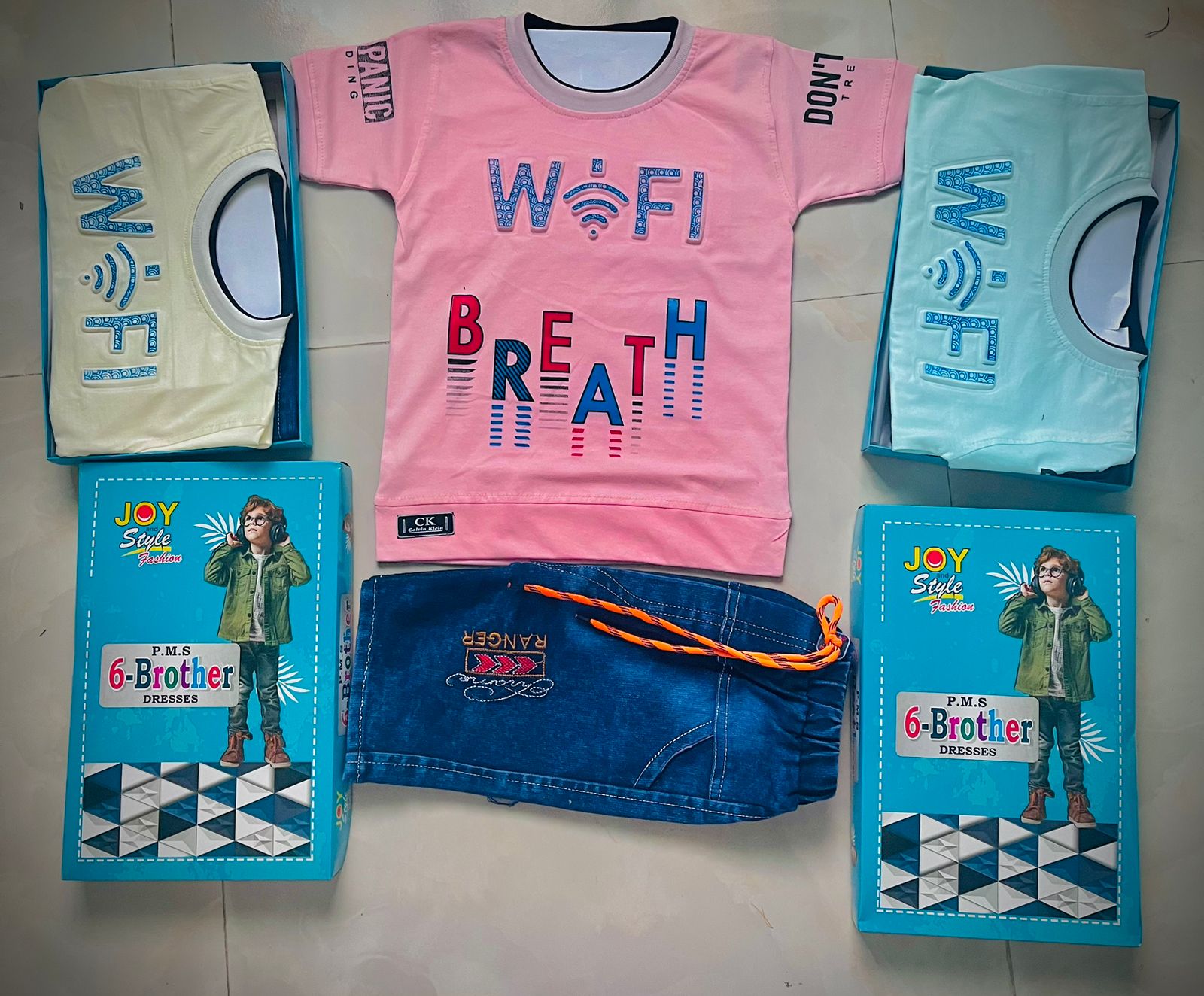 Wi-Fi Breath Printed T-Shirt with Stylish Denim Shorts Set of 6 pieces