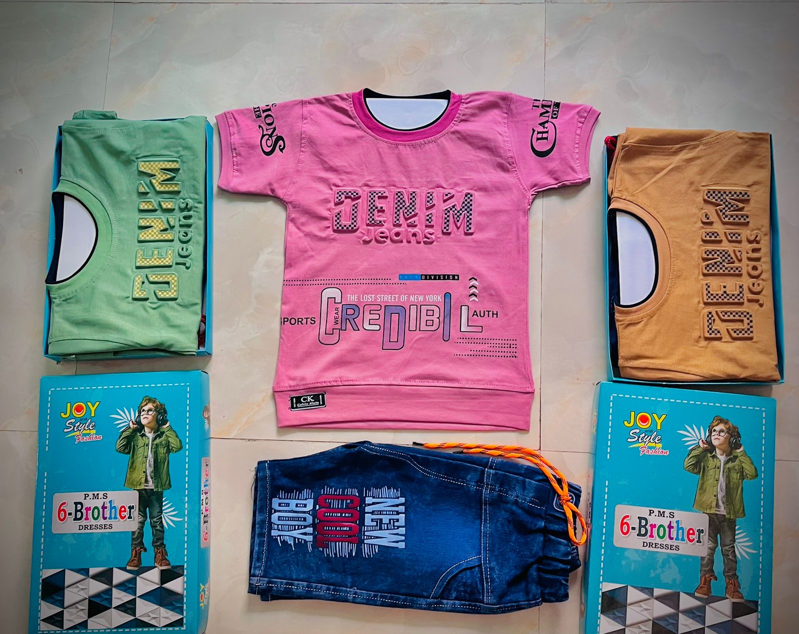 Denim Jeans Printed T-Shirt with Stylish Shorts Set of 6 pieces