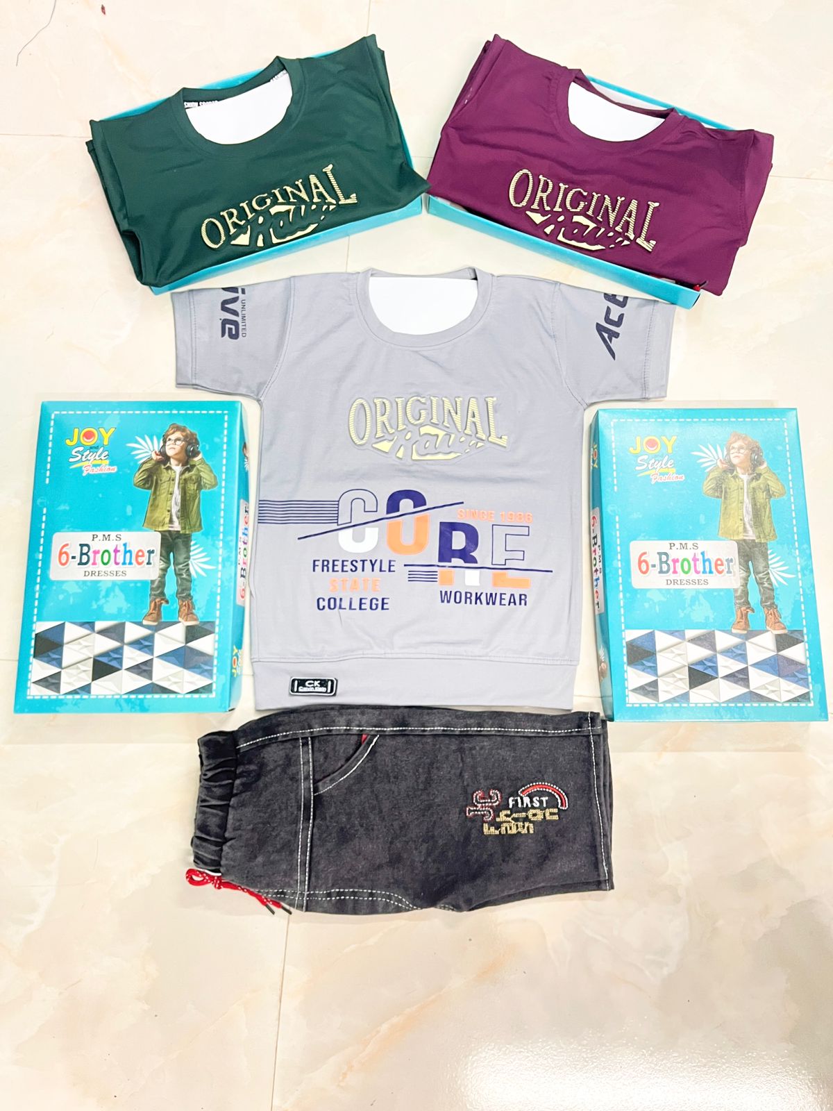 Stylish T-Shirt & Denim Shorts Set – Original Core Print Summer Outfit set of 6 pieces