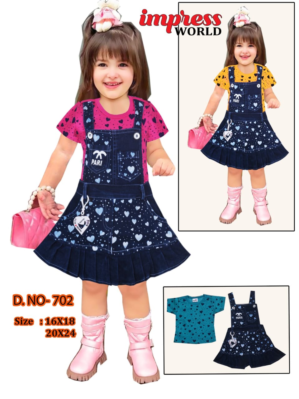 Girls Printed T-Shirt with Heart Print Denim Dungaree Skirt Set of 6 Pieces