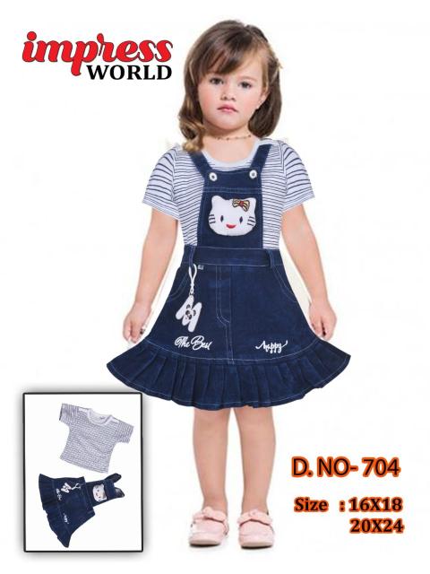 Denim Dungaree Dress with Striped T-Shirt & Cute Kitty Patch set of 6 pieces