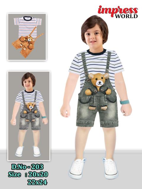 Boys Striped T-Shirt & Teddy Toy Patch Denim Dungaree Set of 6 piece