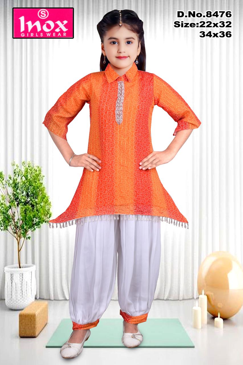 Girls' Orange Kurta and Palazzo Pant Set Of 6 Pieces
