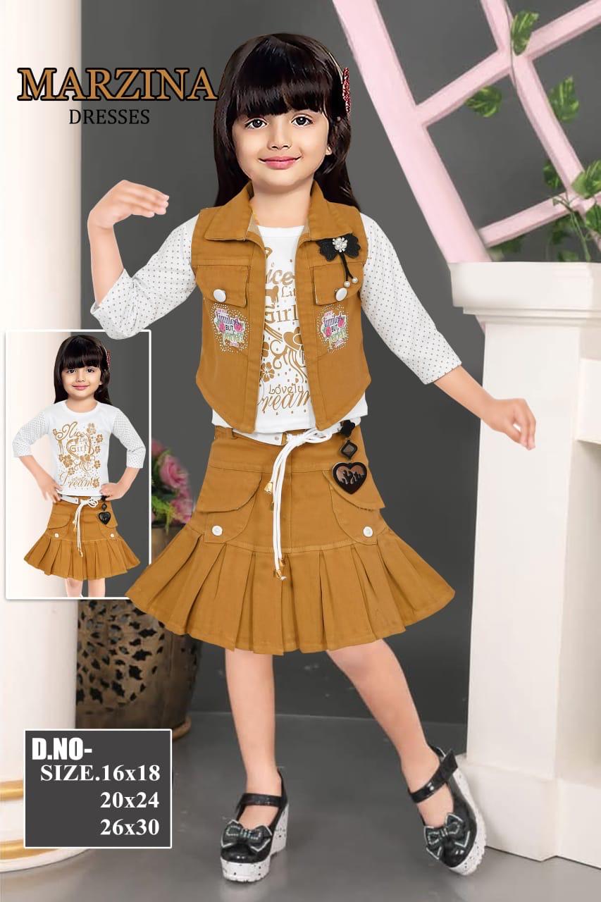 Girls Mustard 3-Piece Stylish Outfit with Skirt, Printed Top & Sleeveless Jacket set of 6 pieces
