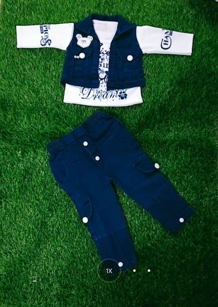 Denim 3-Piece Outfit with White Printed T-Shirt, Sleeveless Denim Jacket & Cargo Jeans set of 6 pieces