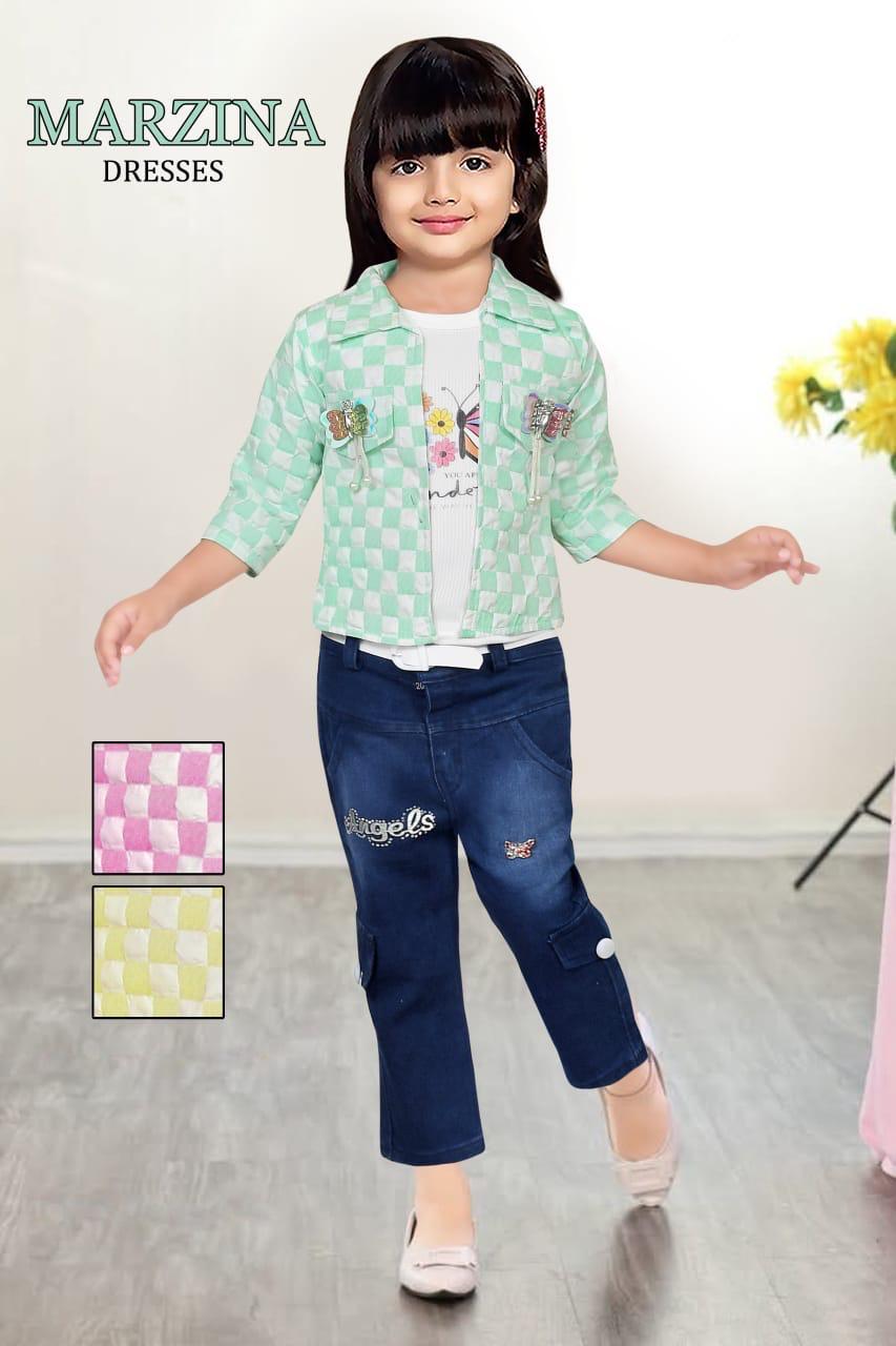 Girls 3-Piece Party Wear Outfit with Checkered Jacket, Printed T-Shirt & Denim Pant set of 6 pieces