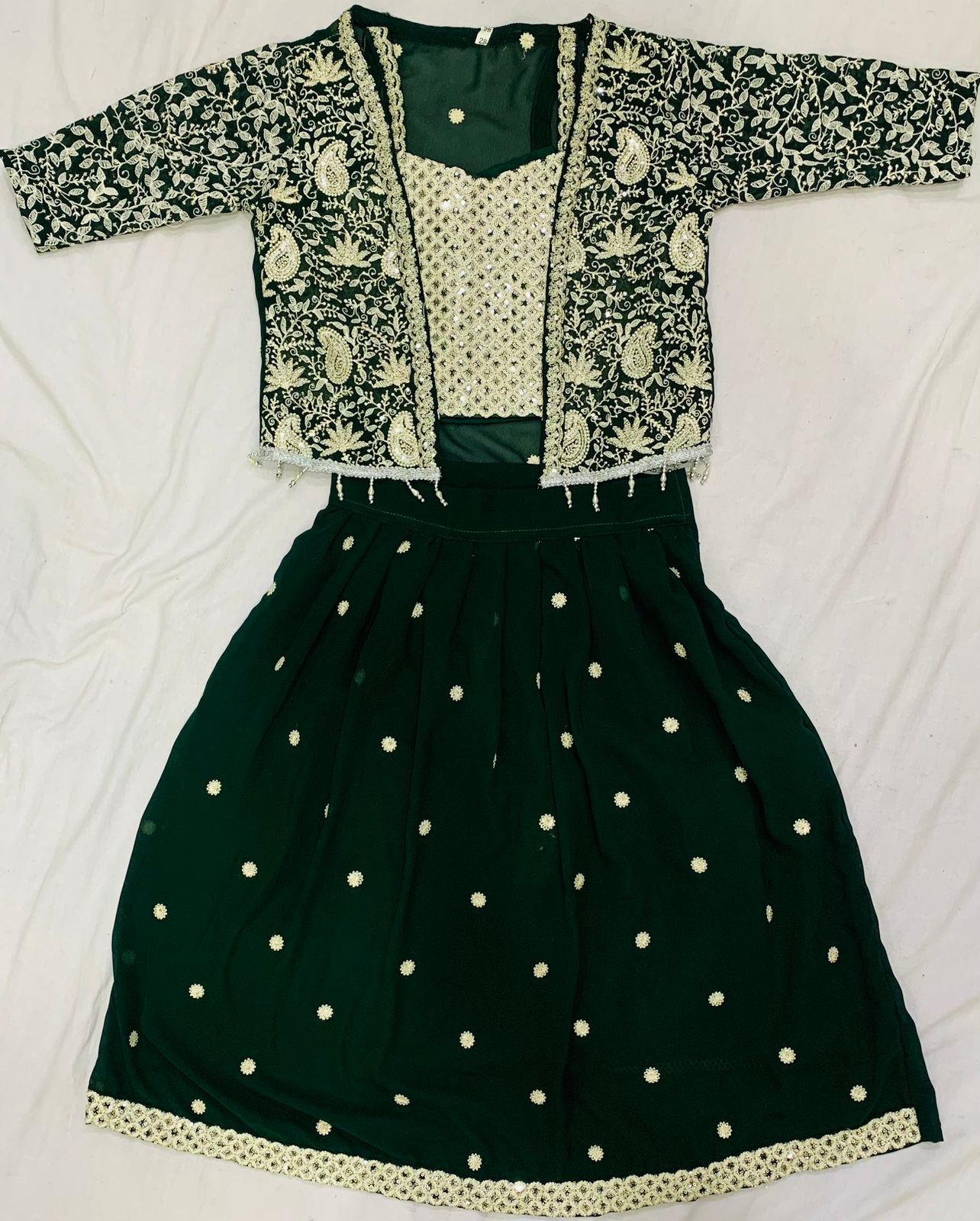 Girls Dark Green Embroidered Party Wear Lehenga Choli with Jacket Set of 6 pieces