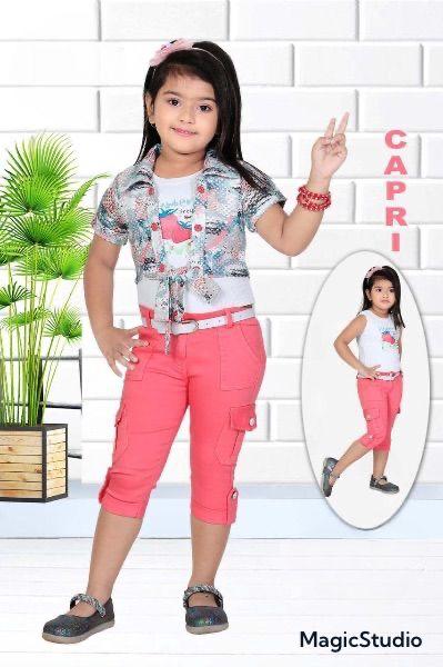 Girls Pink Capri Set with Printed Shrug & Belt set of 6 pieces