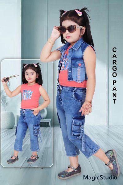 Girls Denim Cargo Pant Set with Sleeveless Jacket & Printed Top set of 6 pieces