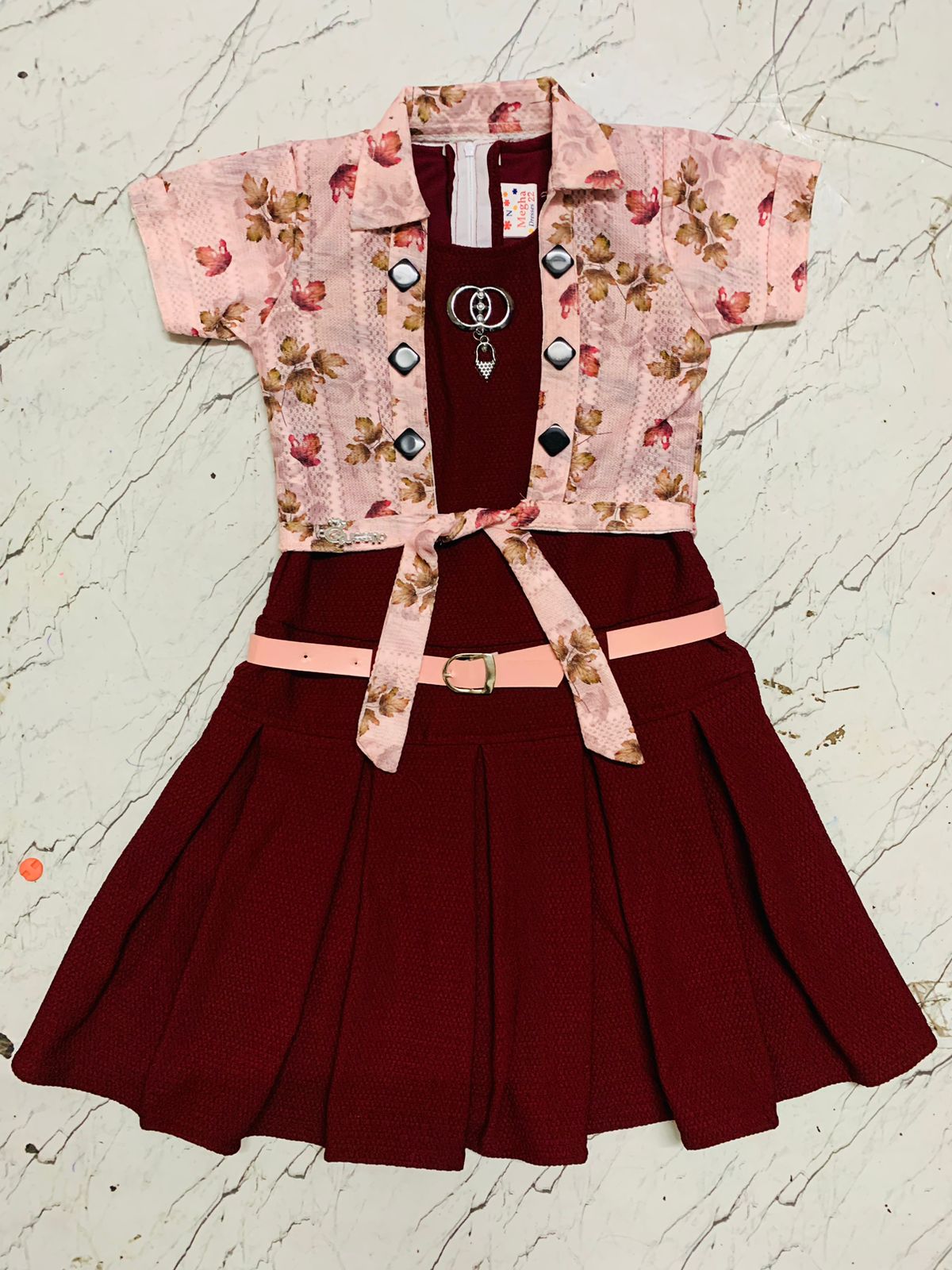 Girls Maroon Pleated Frock with Floral Shrug & Belt Set of 6 pieces