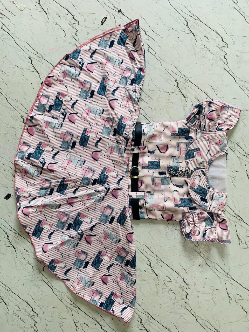 Girls Pink Printed Frock with Stylish Belt & Ruffle Sleeves set of 6 pieces