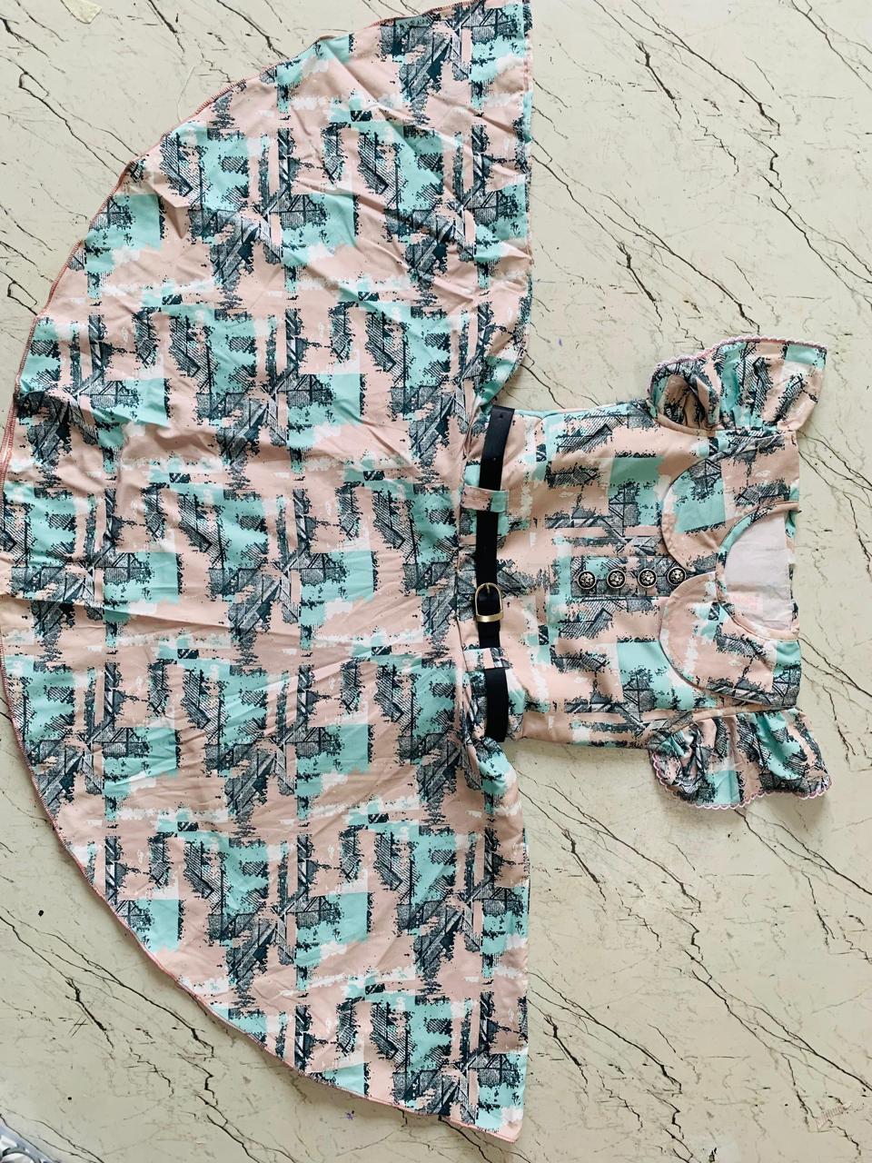 Pastel Palace Girls' Flared Dress – Mint Green & Blush Pink with Ruffle Sleeves, Printed Skirt & Contrast Belt set of 6 pieces