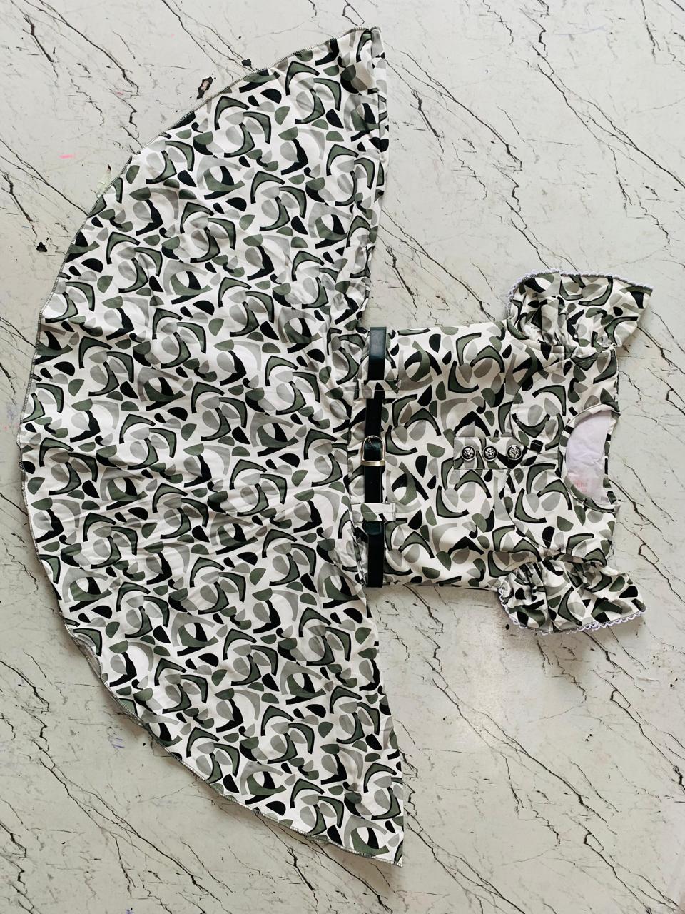 Monochrome Muse Girls' Flared Dress – Abstract Leaf Print with Puff Sleeves, Bow Belt & Floral Accent set of 6 pieces