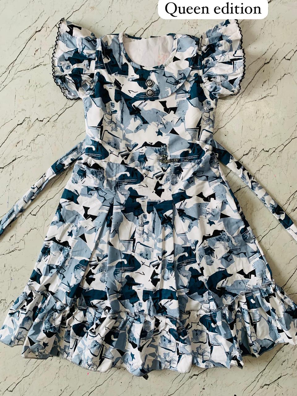 Queen Edition Girls' Flared Dress – Abstract Blue Print with Ruffled Sleeves, Bow-Tie Waist & Ornate Button set of 6 pieces
