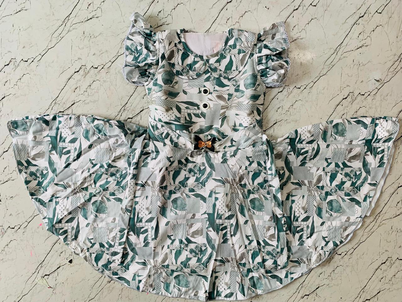 Modern Leafy Print Frock with Bow Detailing set of 6 piece