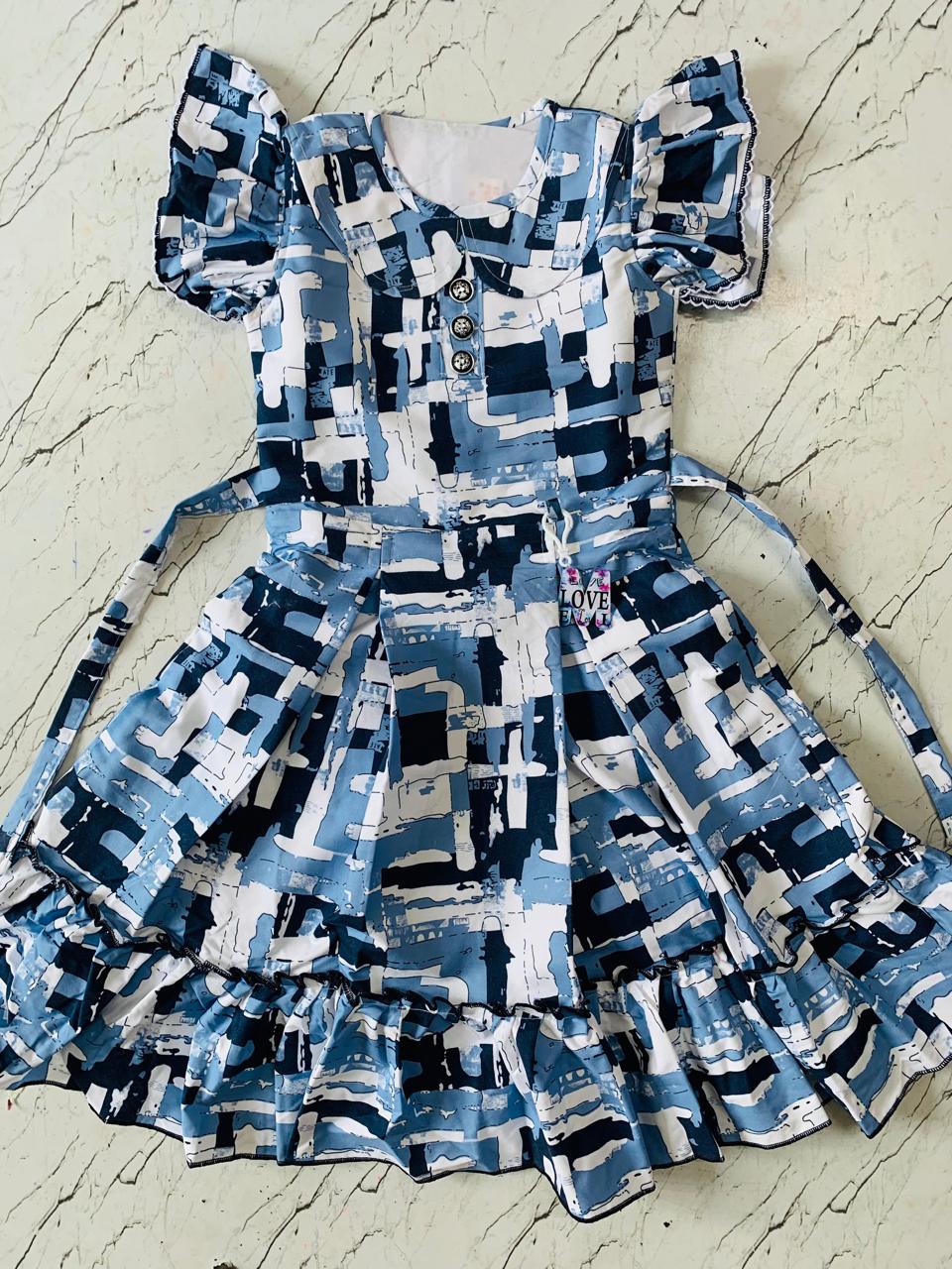 Modern Abstract Print Frock in Blue and White set of 6 piece
