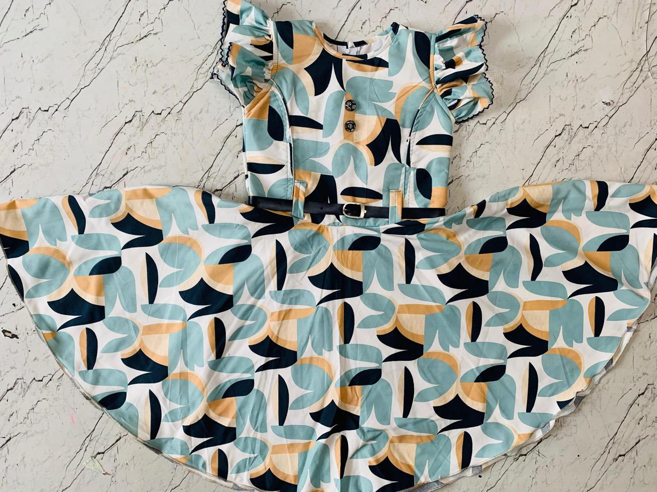 Modern Geometric Print Frock with Tie-Up Belt set of 6 piece