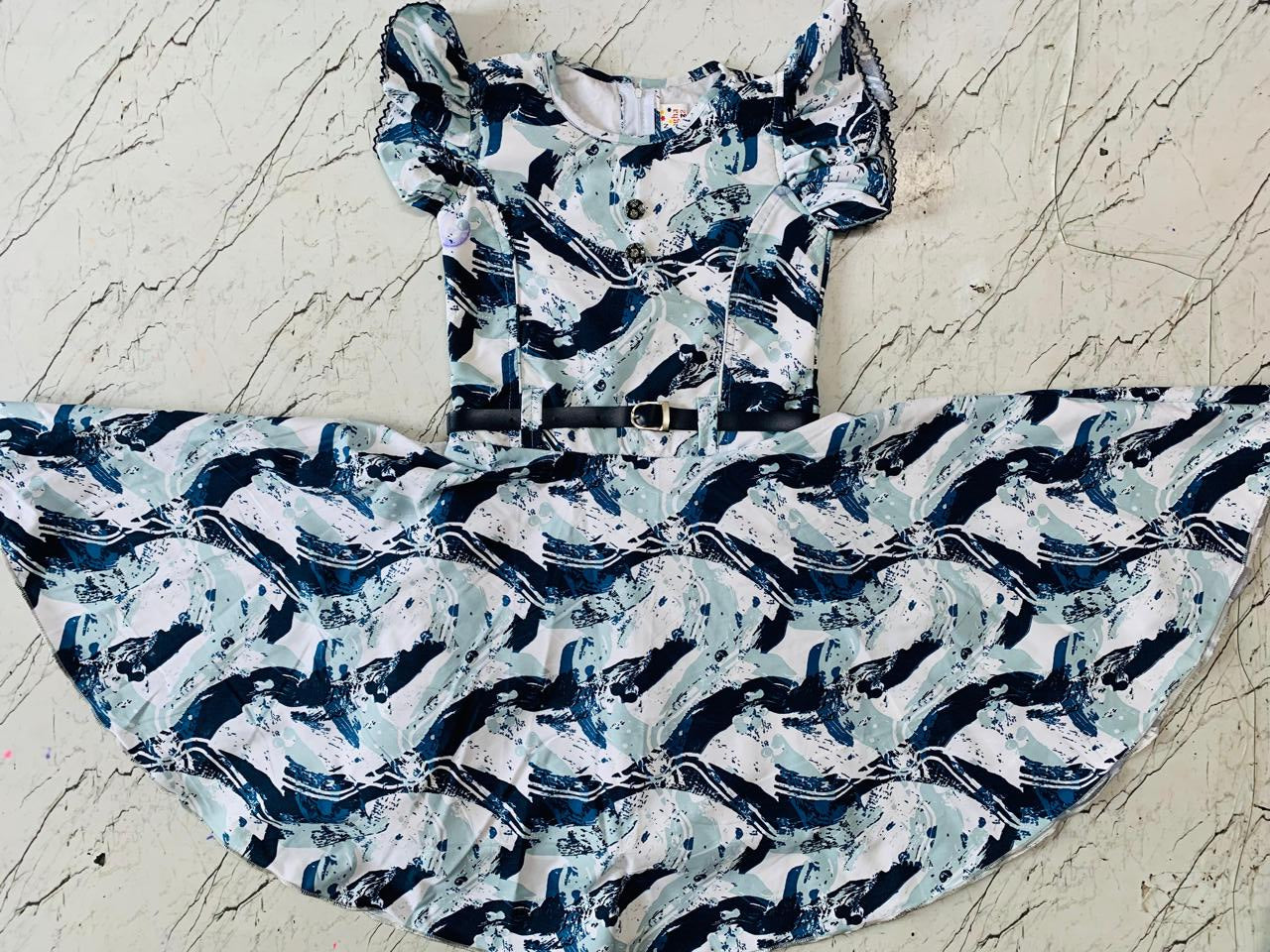 Modern Abstract Print Frock in Blue and Navy set of 6 piece