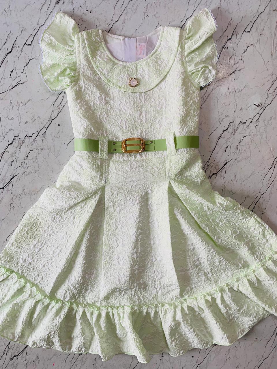 Elegant Light Green Jacquard Frock with Gold Buckle Belt set of 6 piece