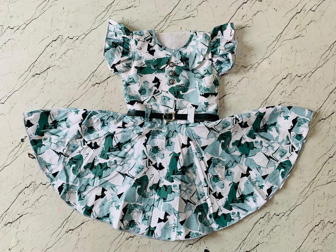 Modern Aqua Green & White Abstract Frock with Black Belt set of 6 piece