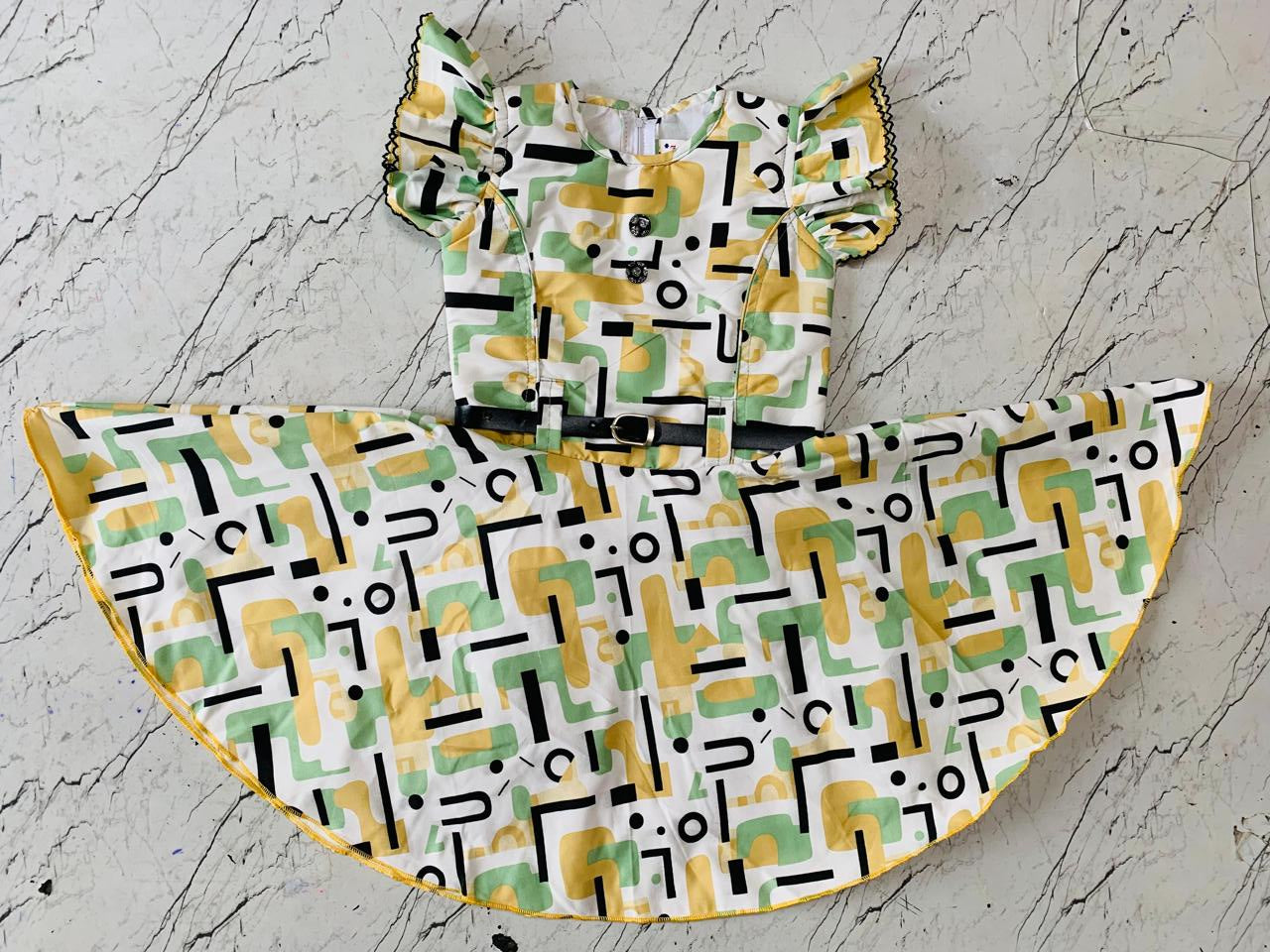 Vibrant Geometric Print Frock with Yellow Trim set of 6 piece
