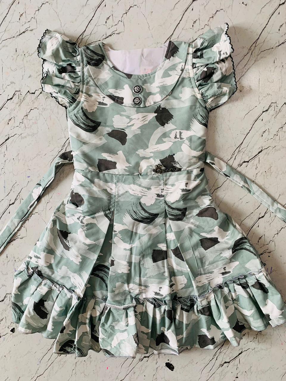 Modern Sage Green & White Abstract Frock with Bold Buttons set of 6 piece