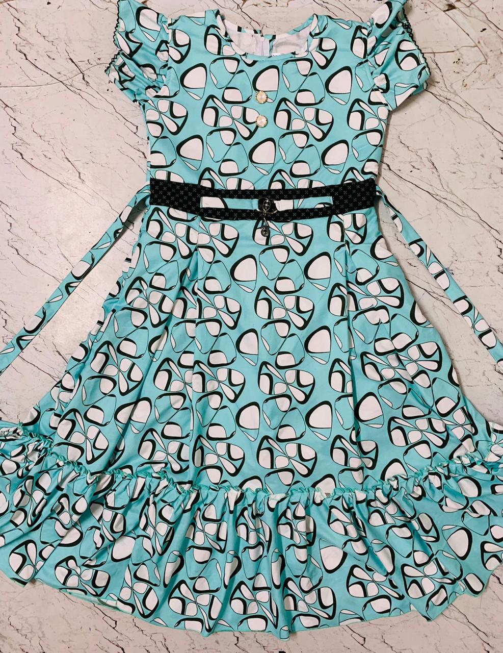 Modern Aqua & White Abstract Print Frock with Bold Belt set of 6 piece