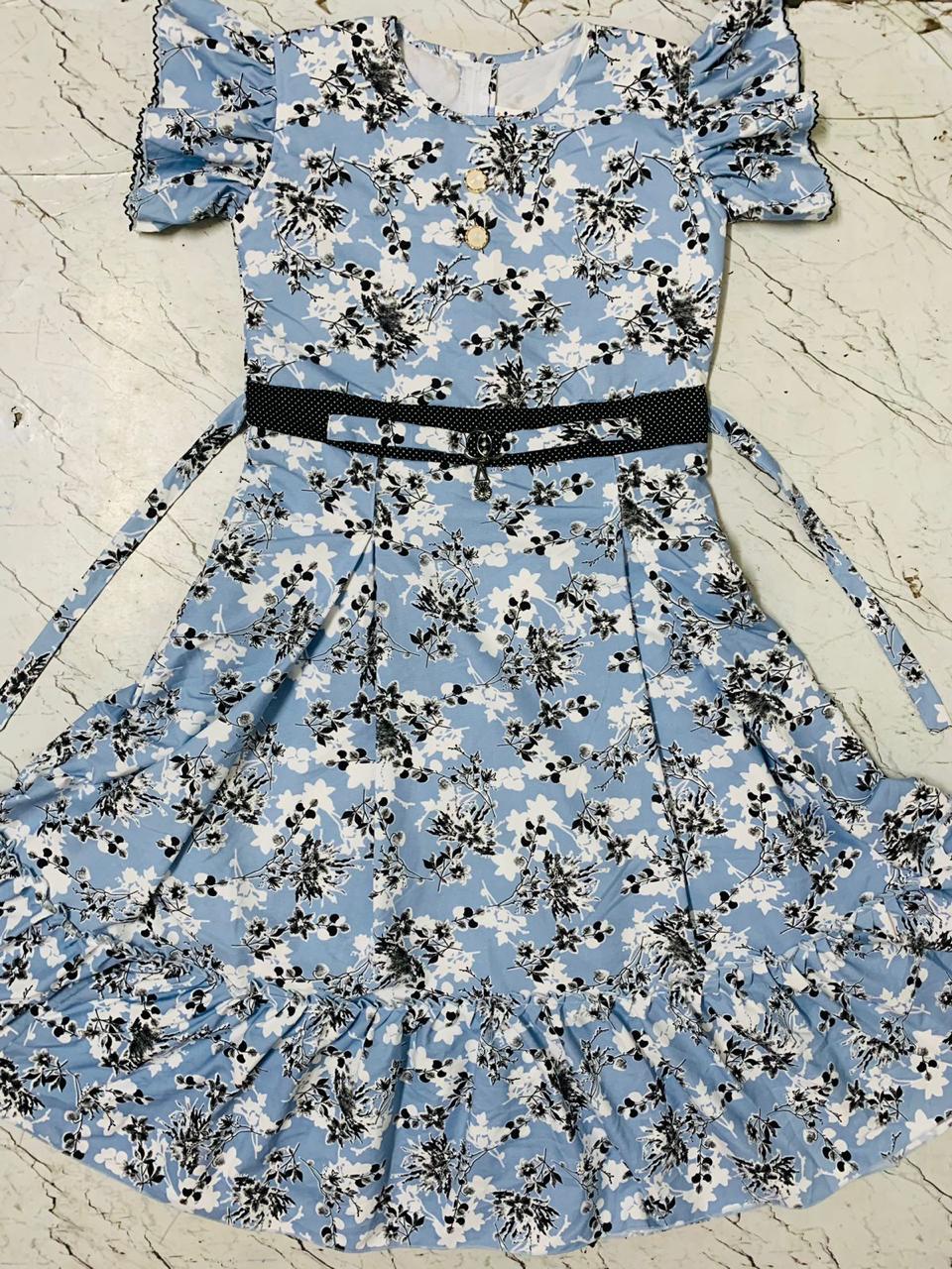 Ethereal Sky Blue Floral & Polka Dot Frock with Belt set of 6 piece