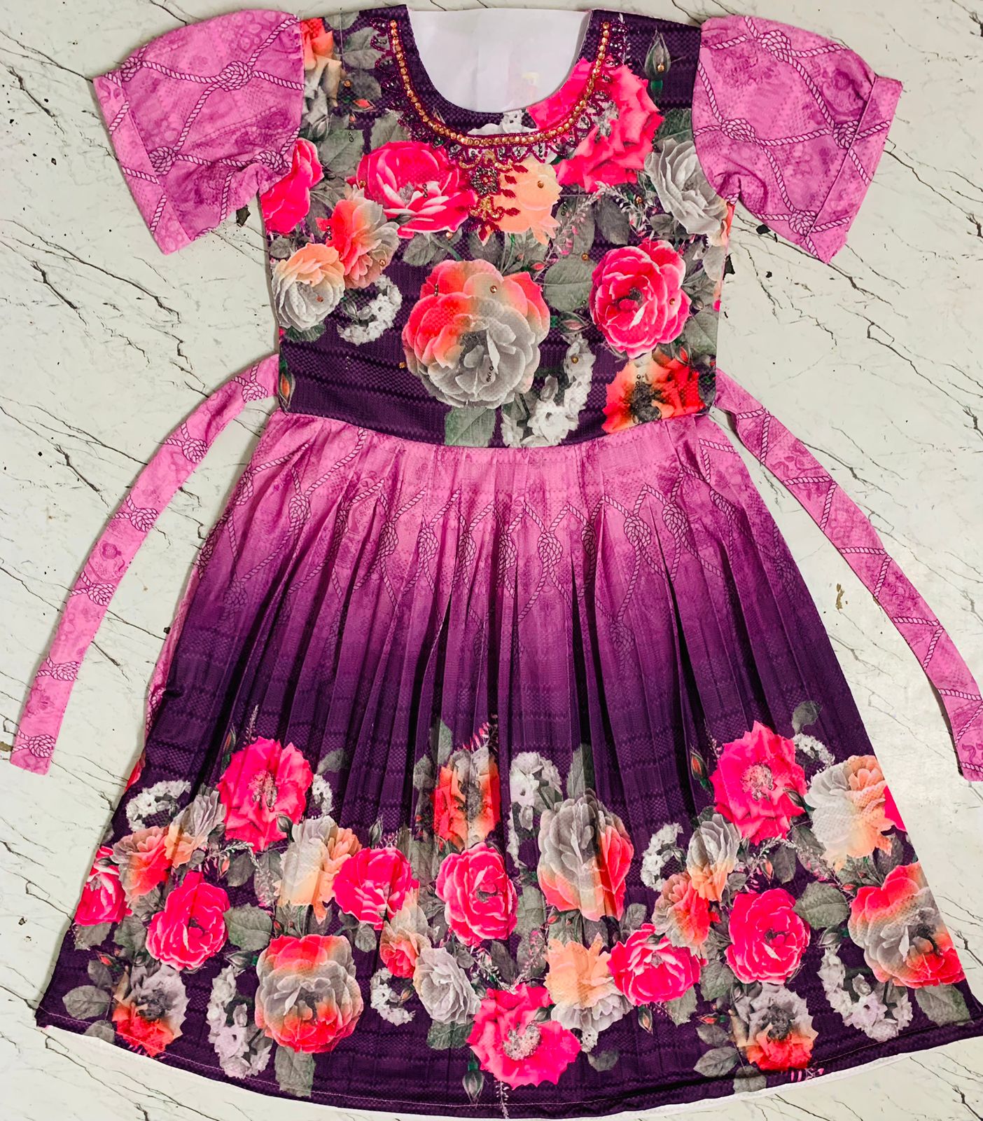 Girls Purple Floral Party Wear Frock with Embellished Neck set of 6 pieces