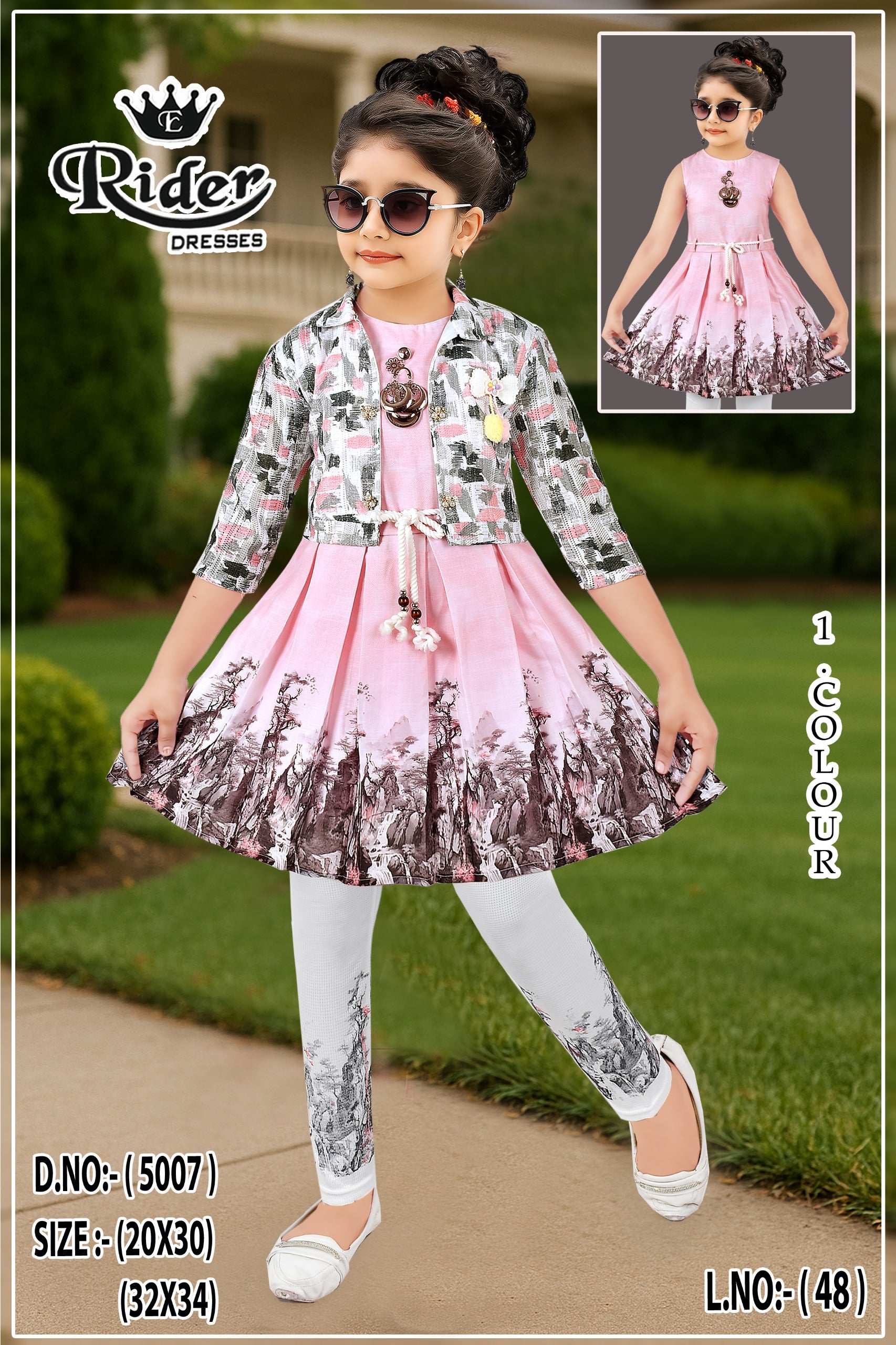 Stylish Pink Party Wear Frock with Printed Shrug & Leggings for Girls Set of 6 Pieces
