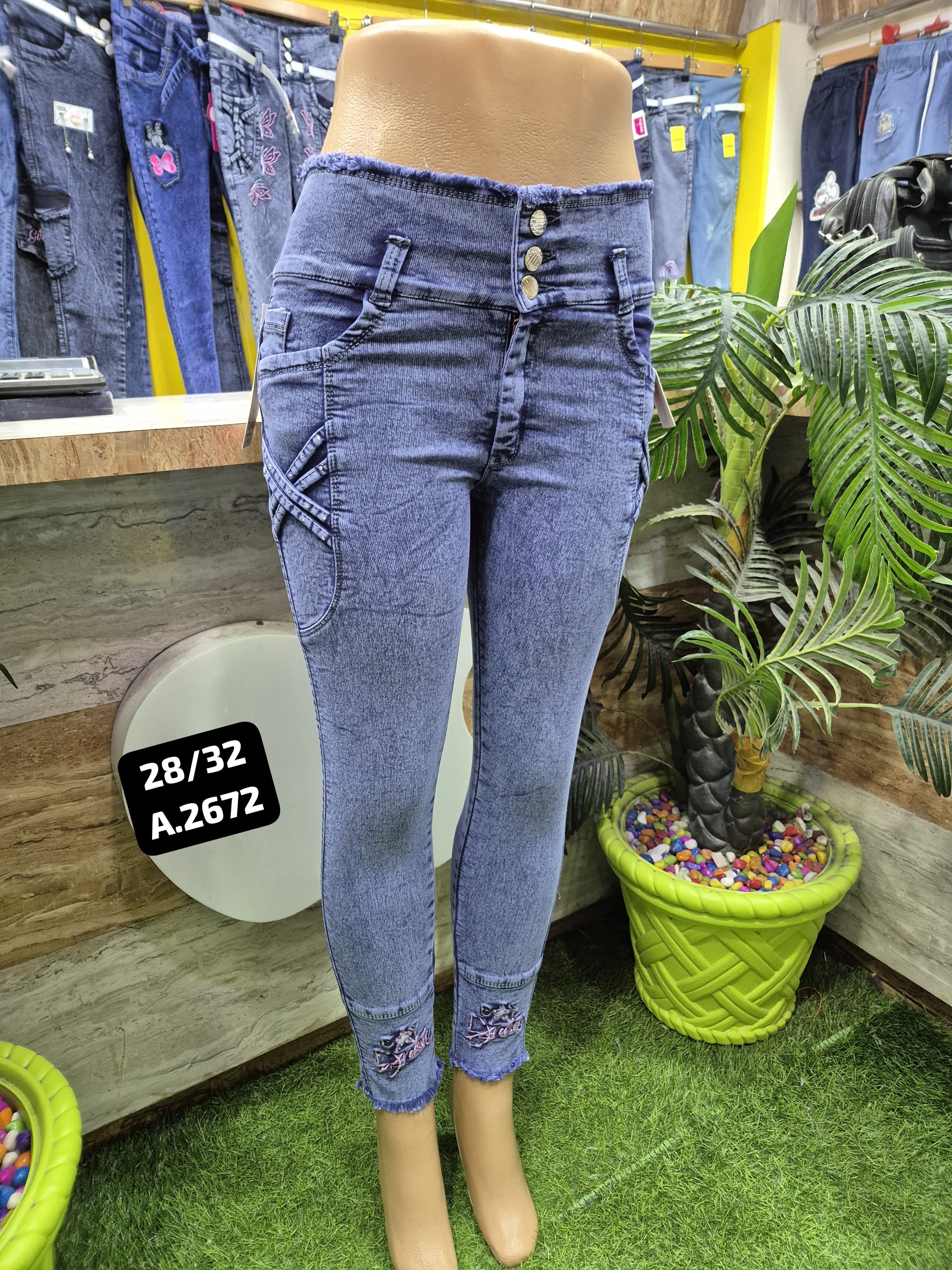 Women's High Waist Stretch Denim Jeans with Embroidered Hem Set Of 6 Pieces