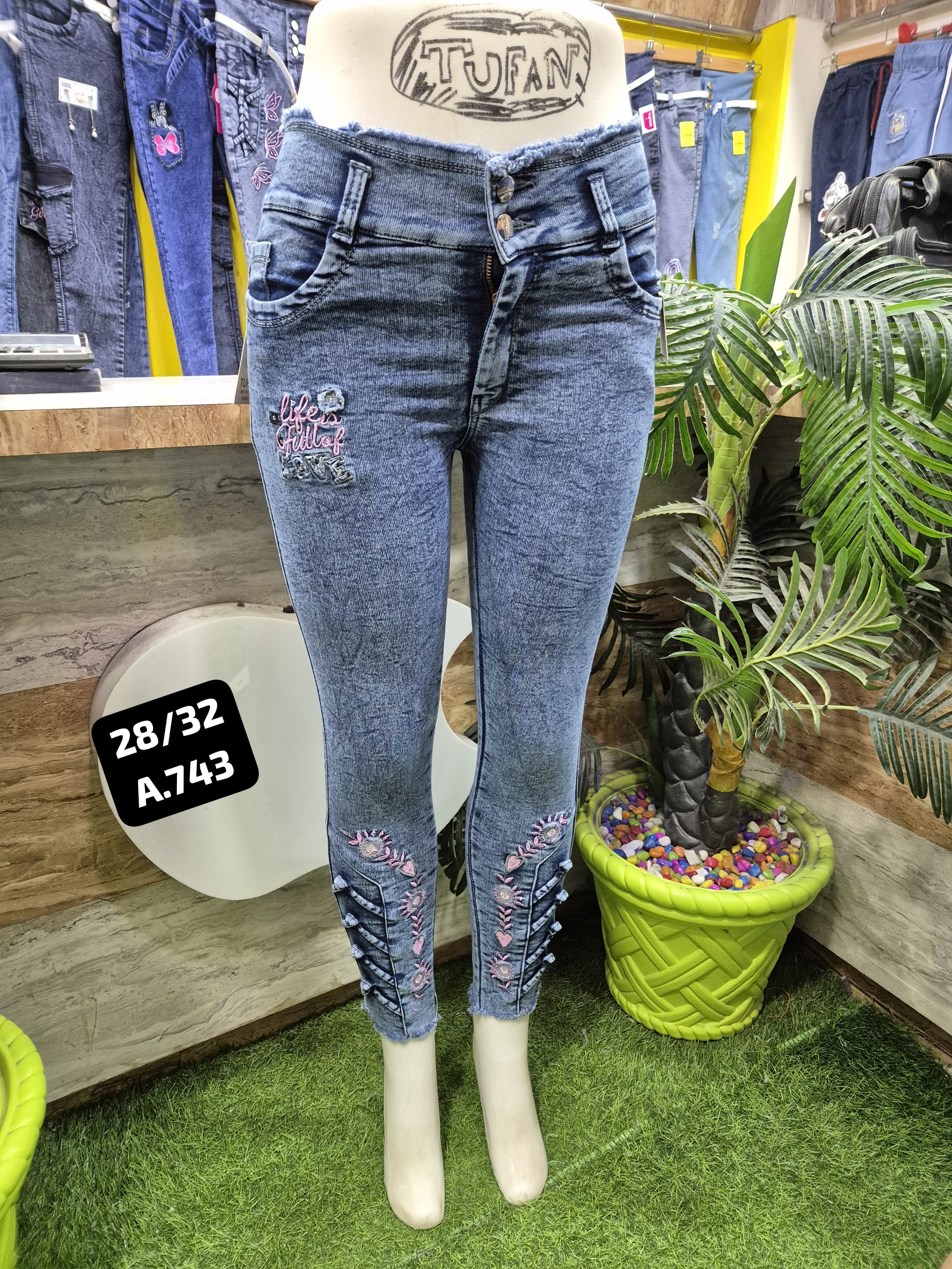 Women's High Waist Stretch Denim Jeans with Embroidered Hem Set Of 6 Pieces