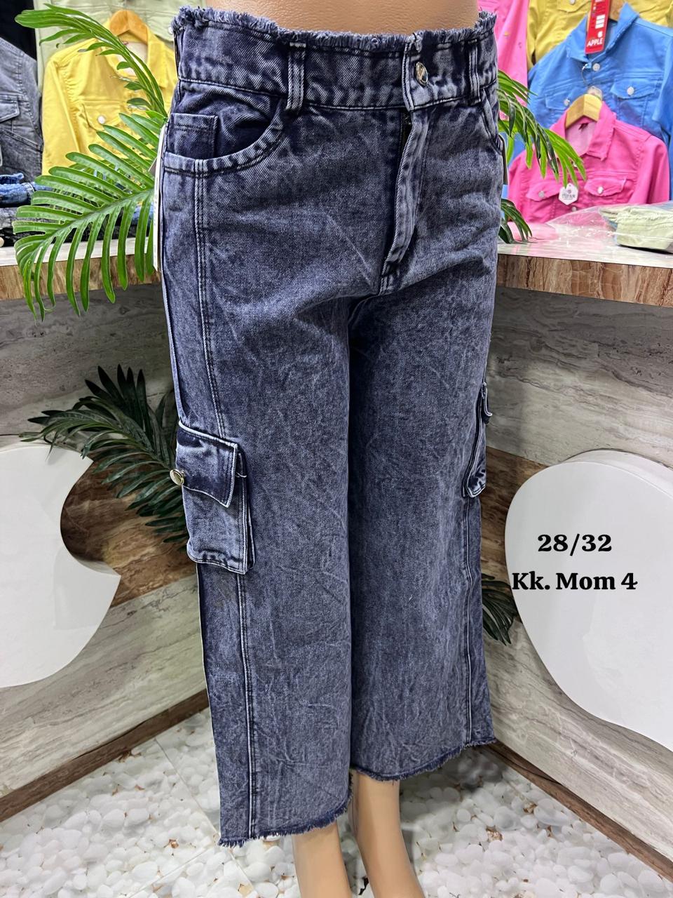 Women's Washed Black Cargo Mom Jeans with Raw Hem Set of 6 Pieces
